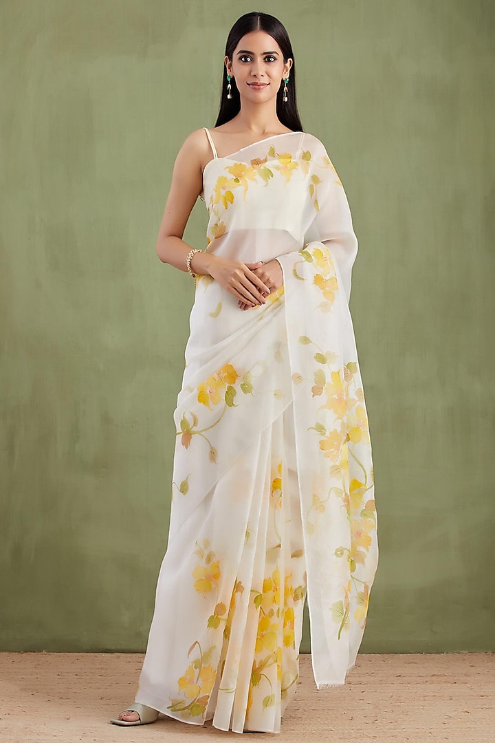 Off-White Organza Hand Painted Saree Set by Geroo Jaipur