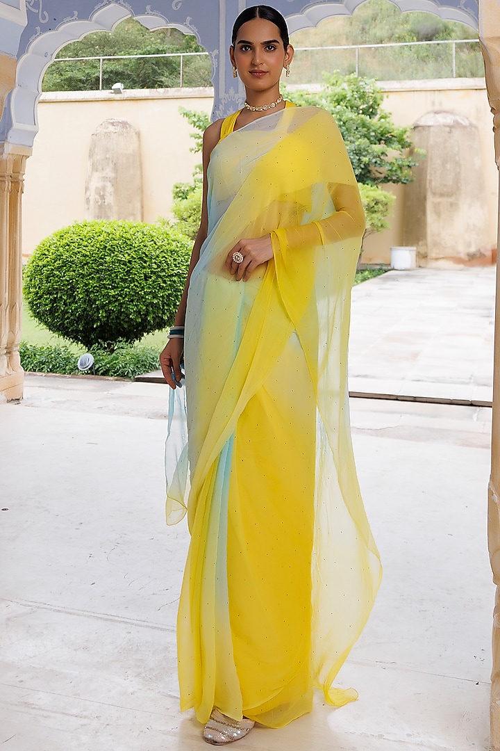 Yellow & Blue Chiffon Hand Embroidered Saree Set by Geroo Jaipur