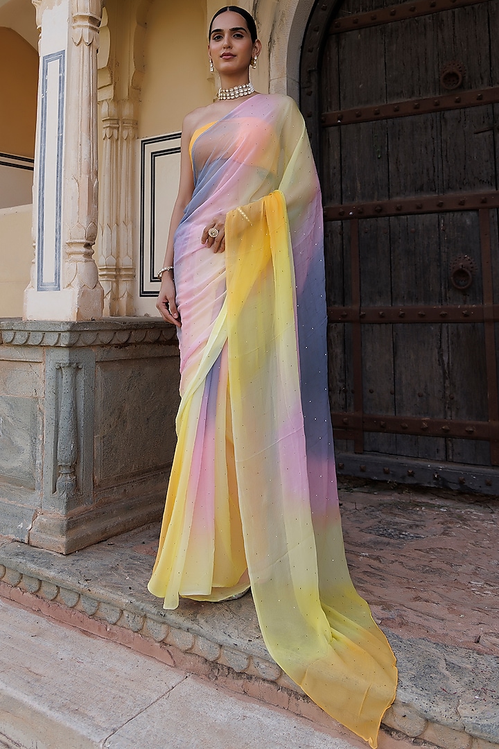 Multi-Colored Chiffon Hand Embroidered Saree Set by Geroo Jaipur