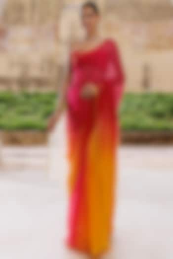 Red & Yellow Chiffon Hand-Dyed Saree Set by Geroo Jaipur
