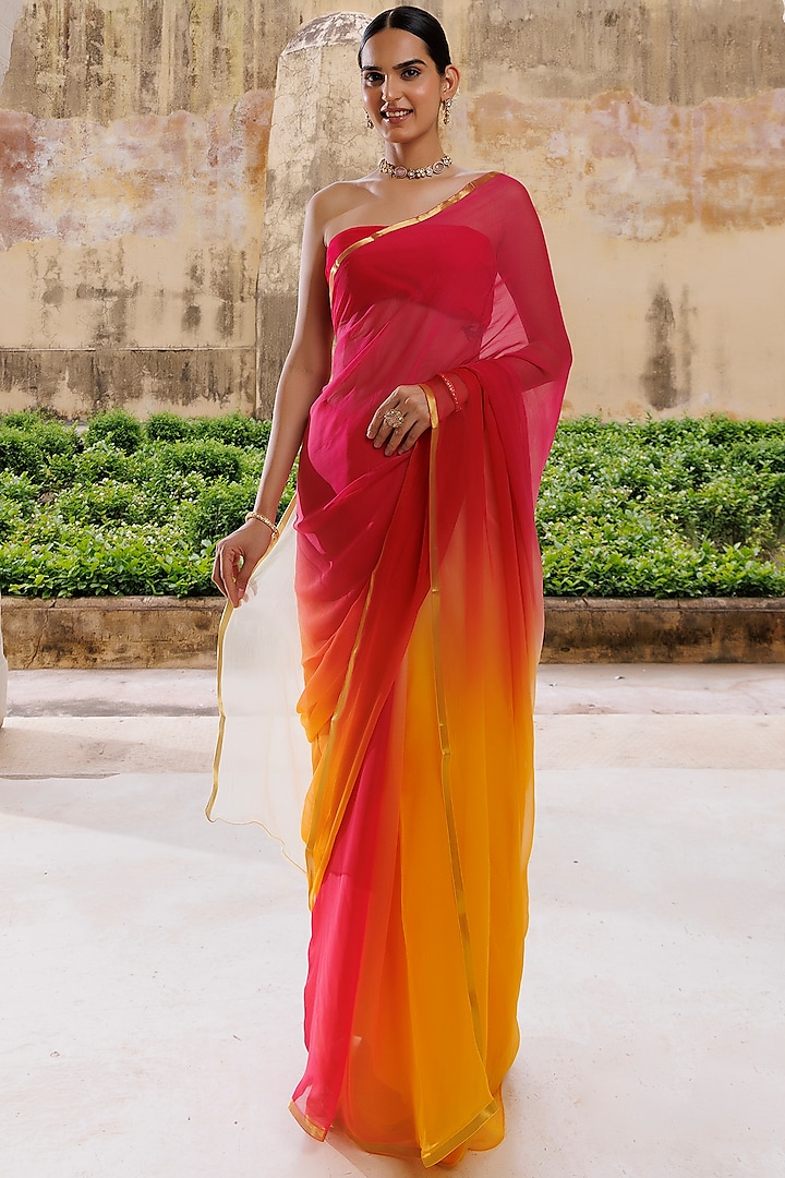 Red & Yellow Chiffon Hand-Dyed Saree Set by Geroo Jaipur