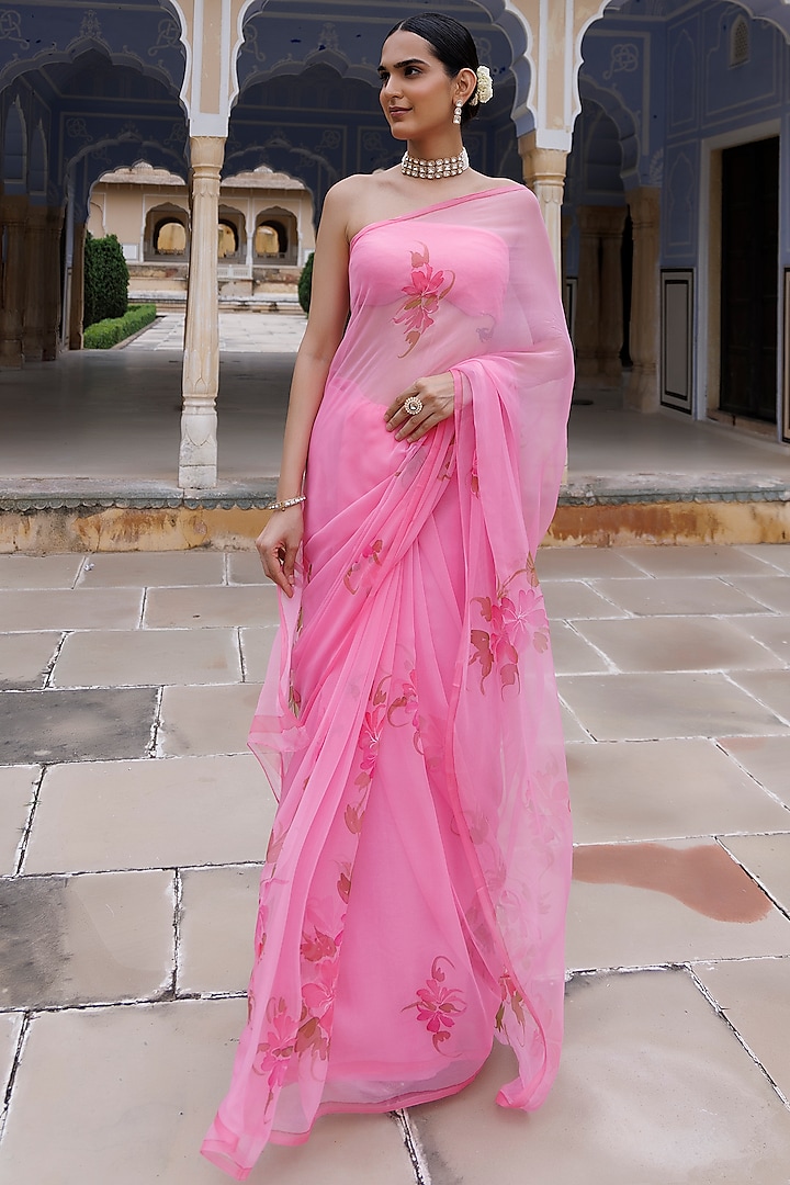 Pink Chiffon Hand-Painted Saree Set by Geroo Jaipur