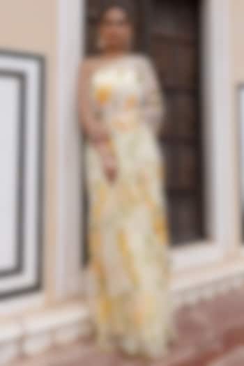 Light Yellow Chiffon Hand-Painted Saree Set by Geroo Jaipur