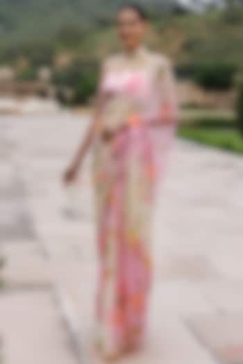 White & Pink Chiffon Hand-Painted Saree Set by Geroo Jaipur