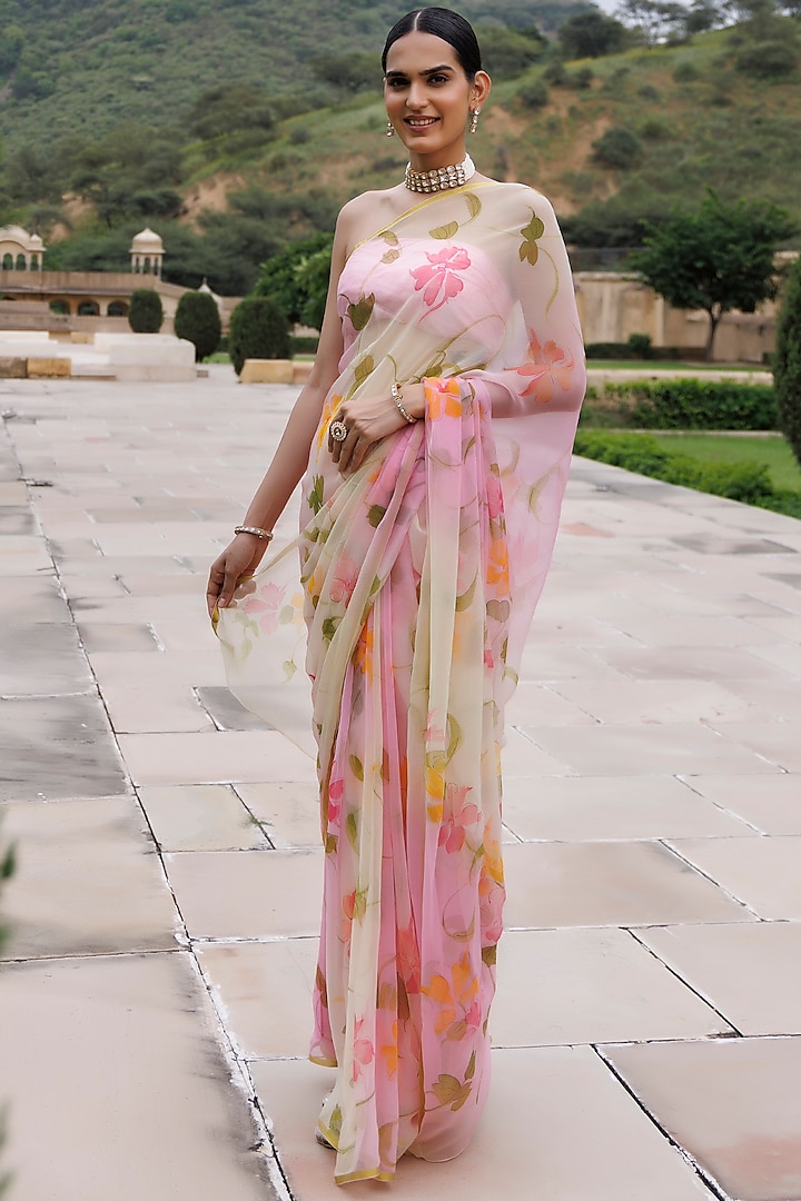 White & Pink Chiffon Hand-Painted Saree Set by Geroo Jaipur