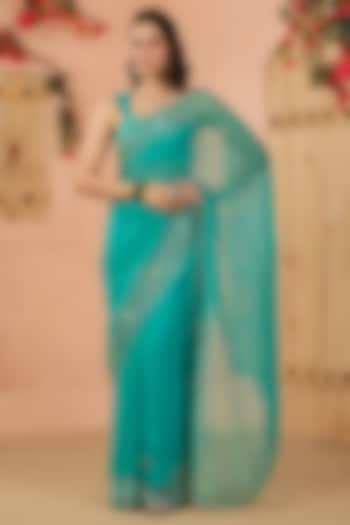 Turquoise Green Chiffon Sequins Embroidered Saree Set by Geroo Jaipur at Pernia's Pop Up Shop