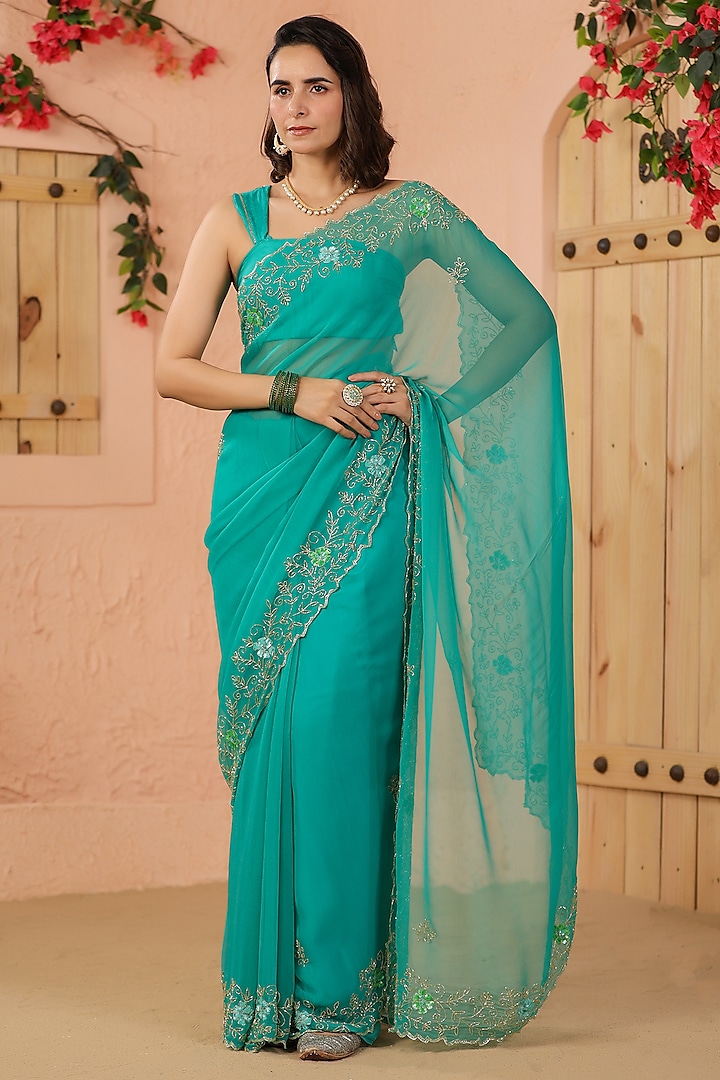 Turquoise Green Chiffon Sequins Embroidered Saree Set by Geroo Jaipur at Pernia's Pop Up Shop