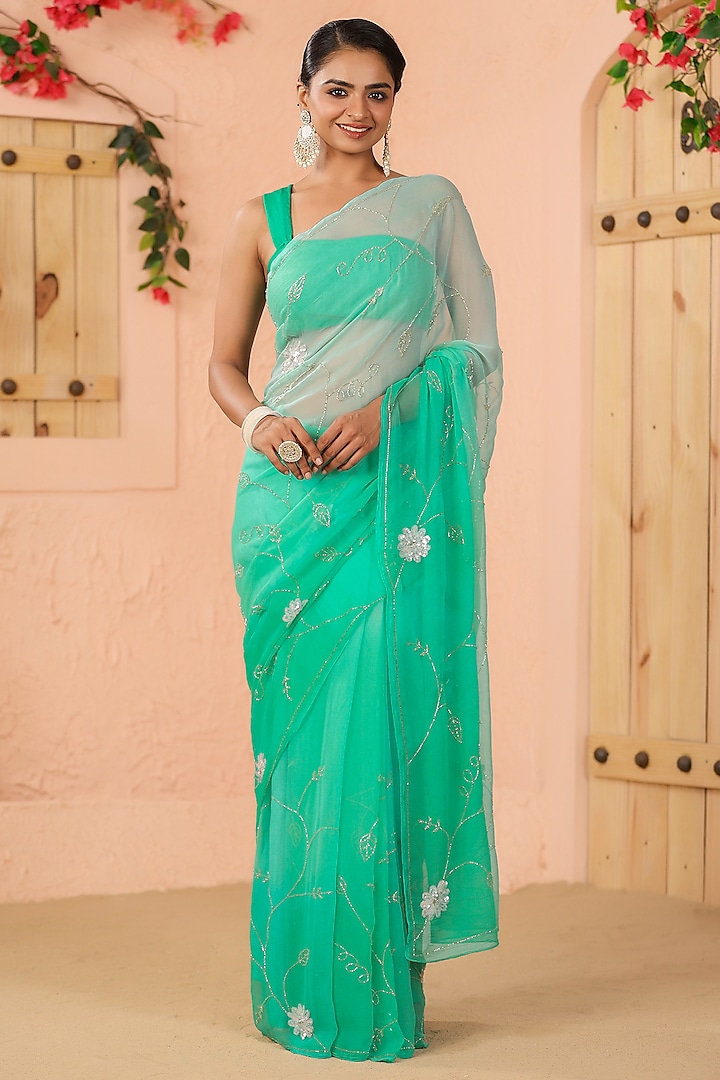 Turquoise Blue Chiffon Jaal Embellished Saree Set by Geroo Jaipur at Pernia's Pop Up Shop