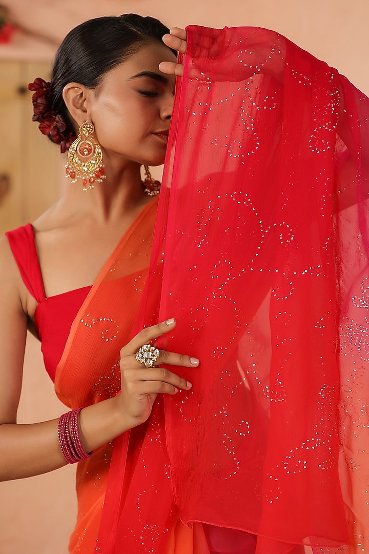 Pink & Orange Chiffon Mukaish Jaal Work Dyed Party Wear Saree Set by Geroo Jaipur at Pernia's Pop Up Shop