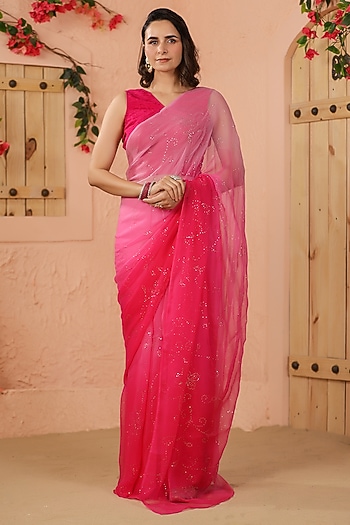 Pink Chiffon Mukaish Jaal Work Party Wear Saree Set by Geroo Jaipur at Pernia's Pop Up Shop