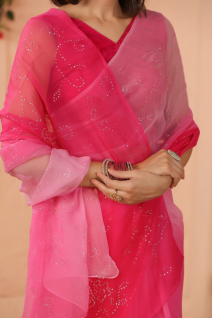 Pink Chiffon Mukaish Jaal Work Party Wear Saree Set by Geroo Jaipur at Pernia's Pop Up Shop