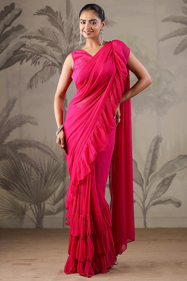 Pink Chiffon Ruffled Saree Set by Geroo Jaipur