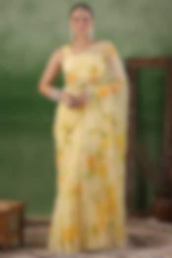 Yellow Chiffon Hand Painted & Mukaish Work Party Wear Saree Set by Geroo Jaipur at Pernia's Pop Up Shop