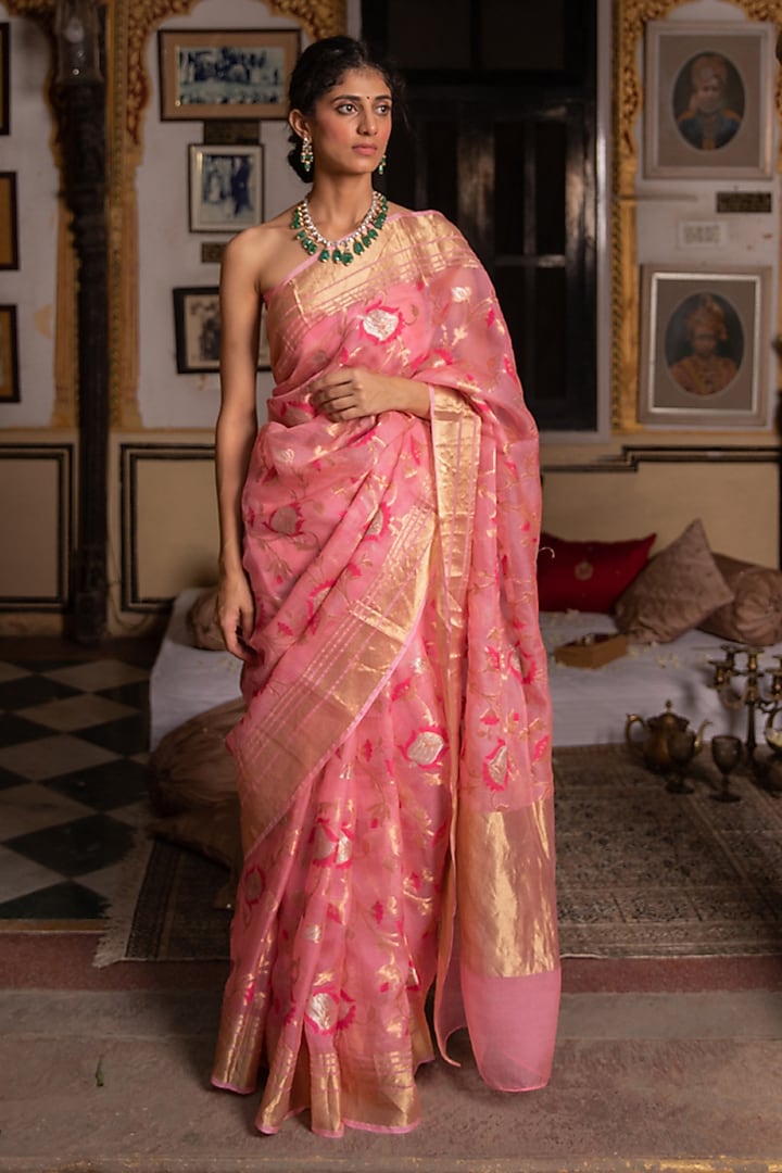 Pink Kota Silk Handwoven Zari Work Wedding Saree Set by Geroo Jaipur at Pernia's Pop Up Shop