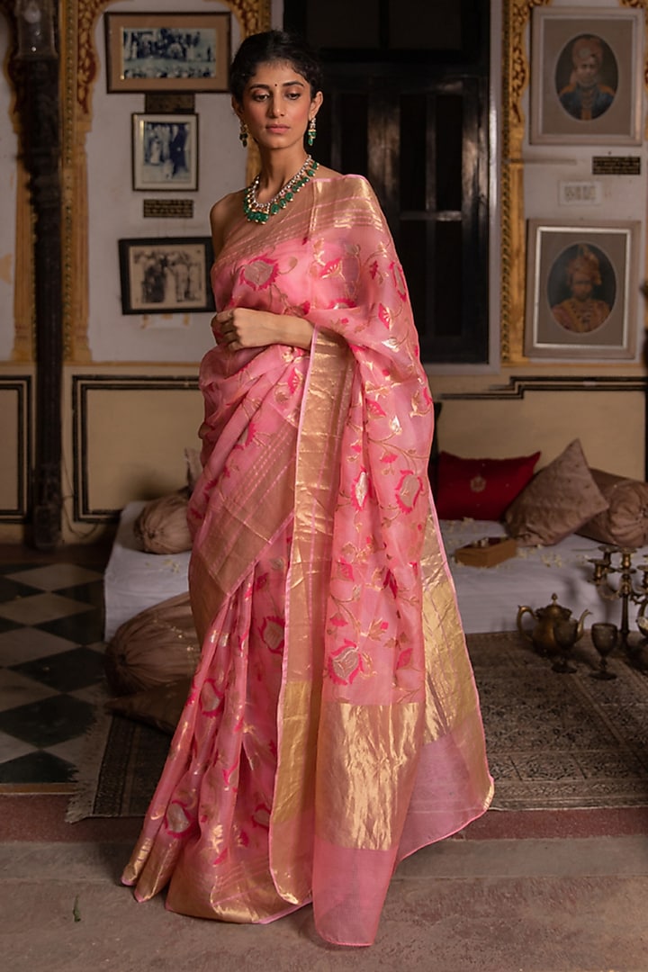 Pink Kota Silk Handwoven Zari Work Wedding Saree Set by Geroo Jaipur at Pernia's Pop Up Shop