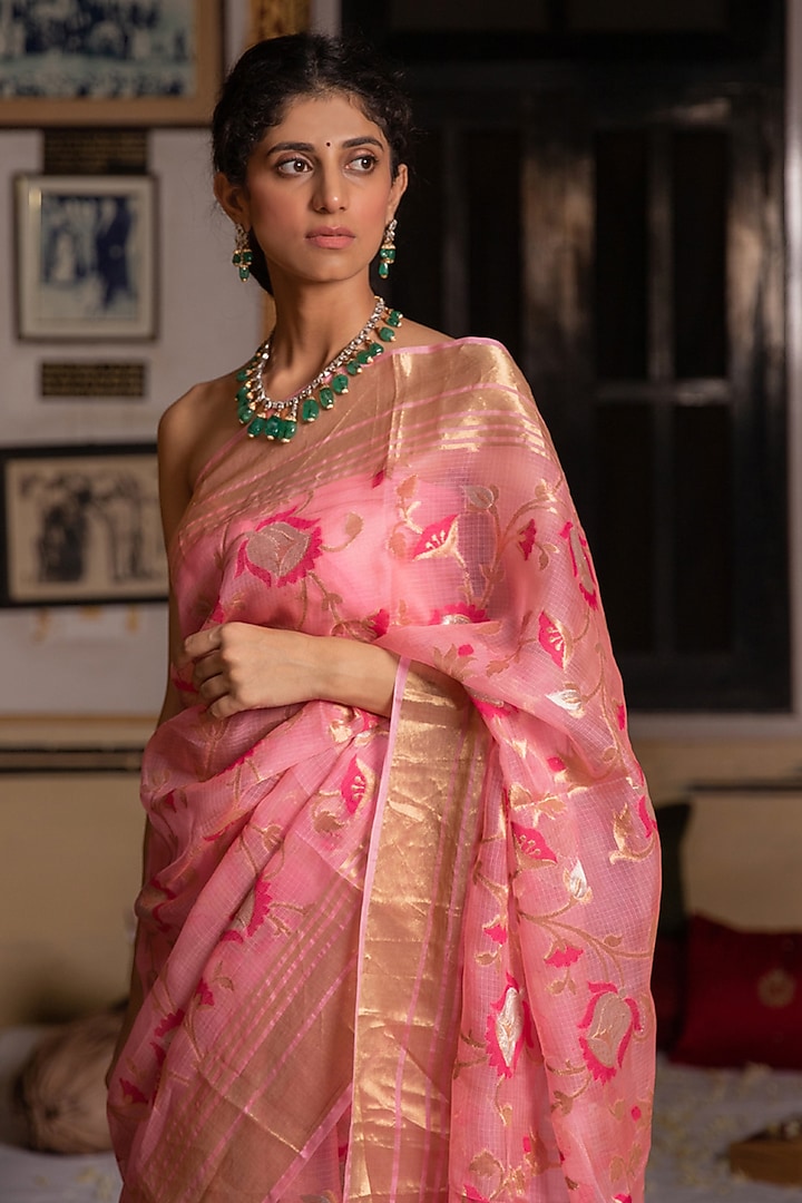 Pink Kota Silk Handwoven Zari Work Wedding Saree Set by Geroo Jaipur at Pernia's Pop Up Shop