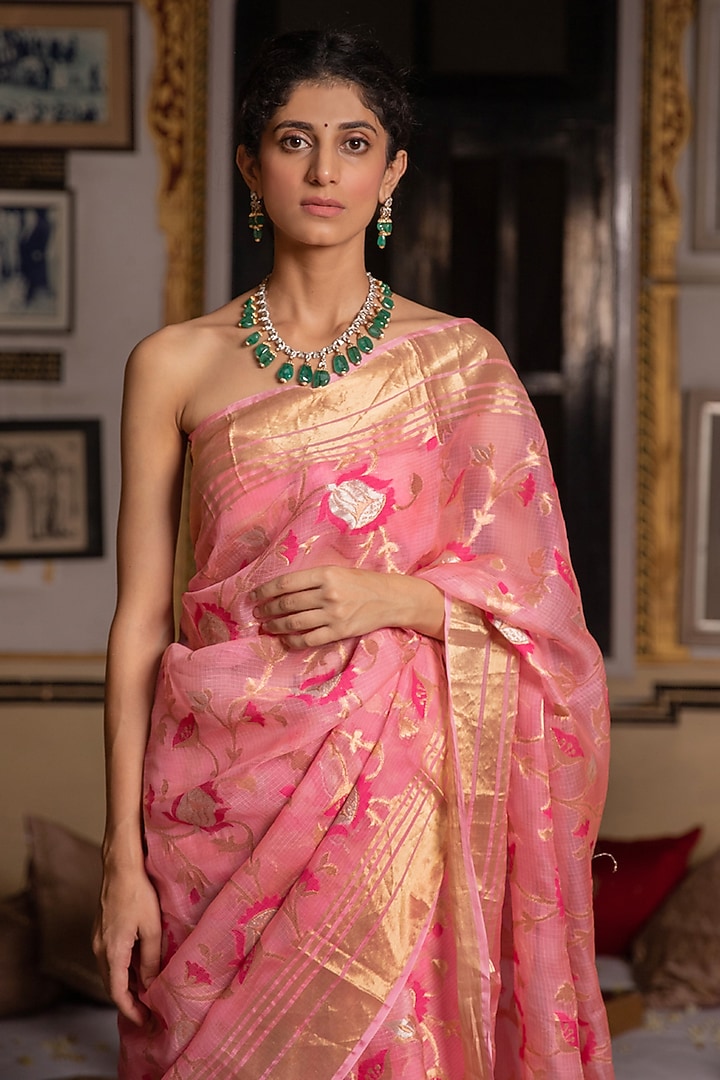 Pink Kota Silk Handwoven Zari Work Wedding Saree Set by Geroo Jaipur at Pernia's Pop Up Shop