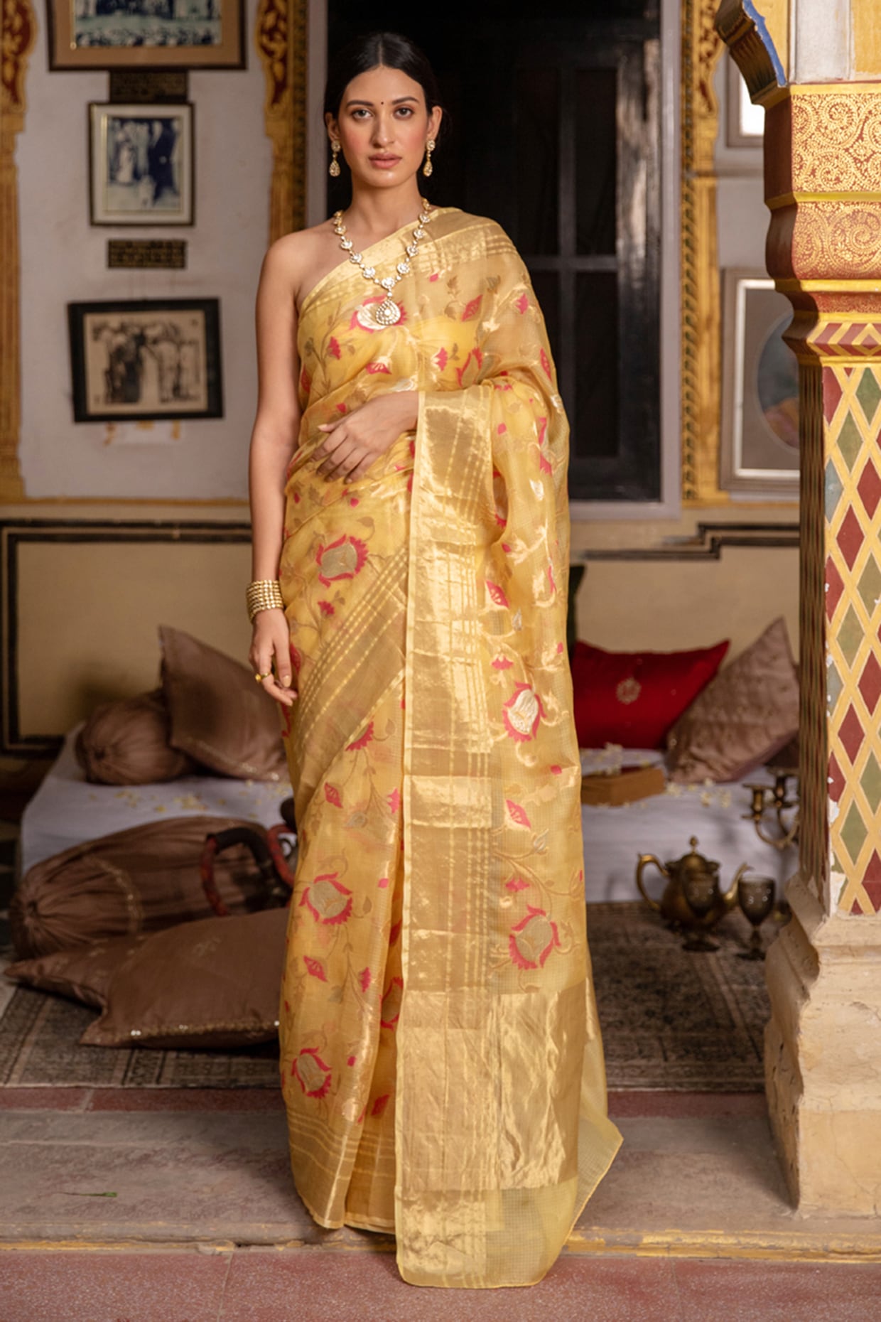 Geroo Jaipur Yellow Kota Silk Handwoven Zari Work Saree Set