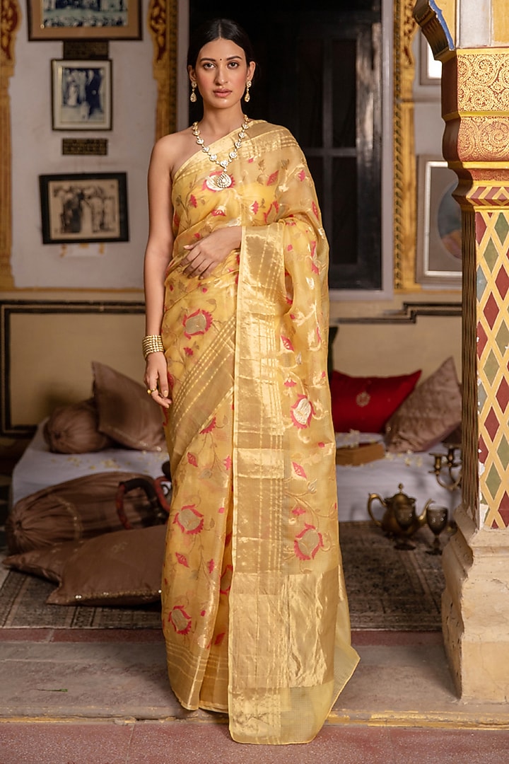 Yellow Kota Silk Handwoven Zari Work Wedding Saree Set by Geroo Jaipur at Pernia's Pop Up Shop