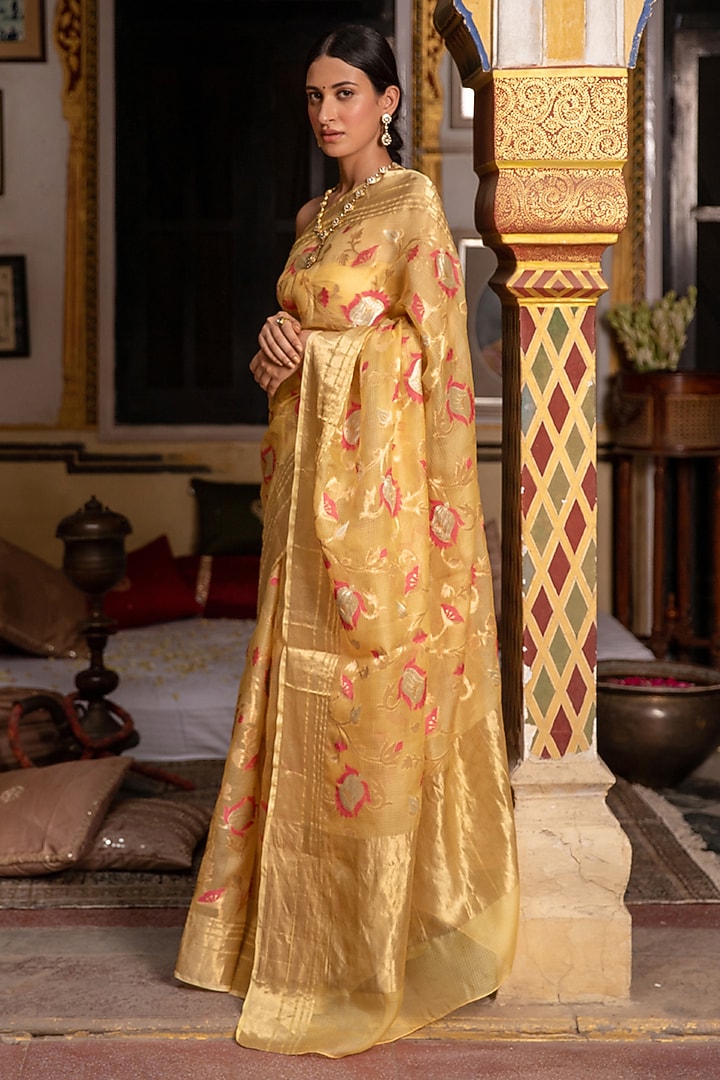 Yellow Kota Silk Handwoven Zari Work Wedding Saree Set by Geroo Jaipur at Pernia's Pop Up Shop