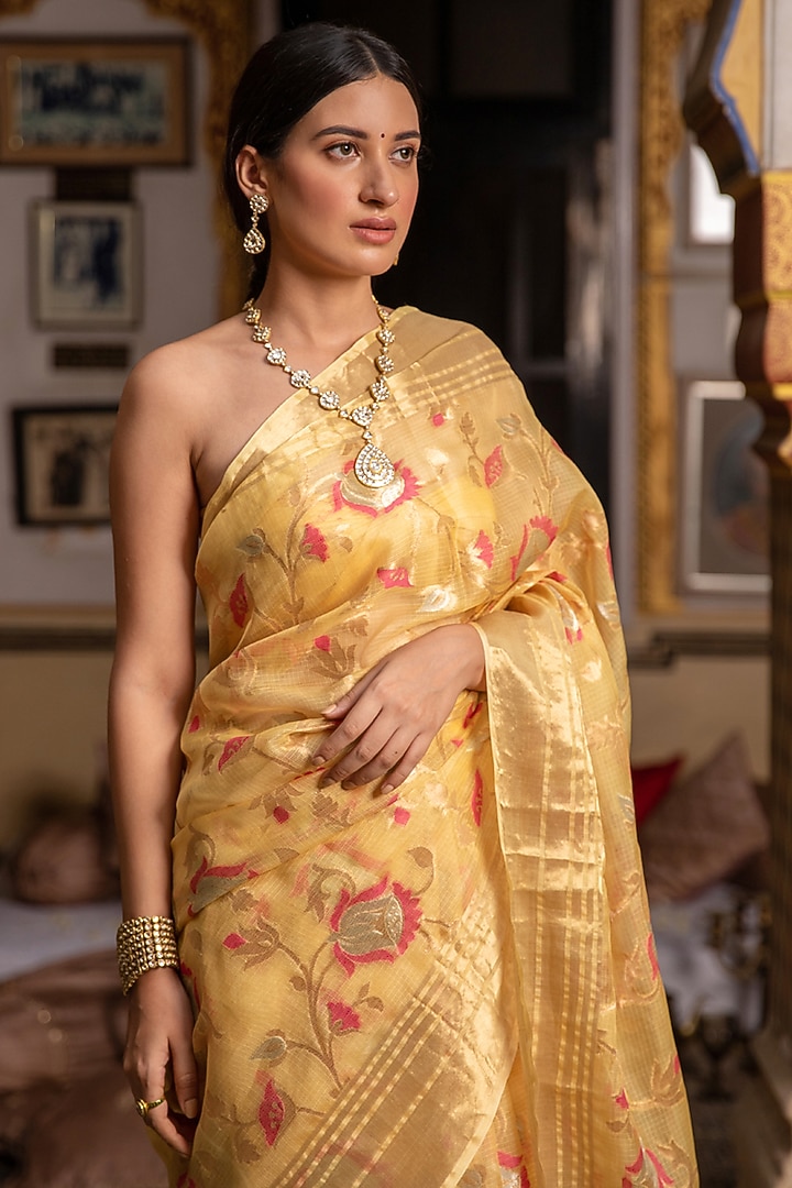 Yellow Kota Silk Handwoven Zari Work Wedding Saree Set by Geroo Jaipur at Pernia's Pop Up Shop