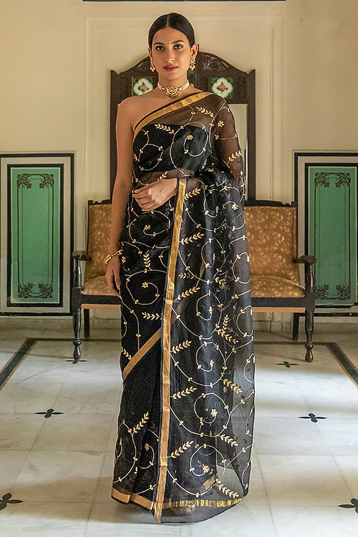 Black Kota Silk Gota Patti Hand Embroidered Wedding Saree Set by Geroo Jaipur at Pernia's Pop Up Shop