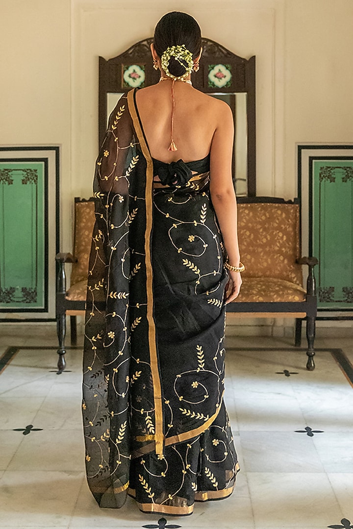 Black Kota Silk Gota Patti Hand Embroidered Wedding Saree Set by Geroo Jaipur at Pernia's Pop Up Shop