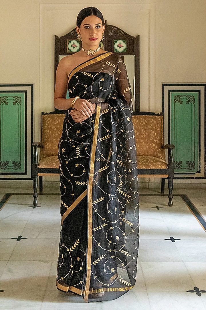 Black Kota Silk Gota Patti Hand Embroidered Wedding Saree Set by Geroo Jaipur at Pernia's Pop Up Shop