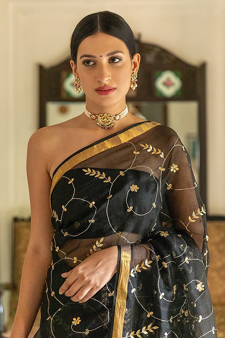 Black Kota Silk Gota Patti Hand Embroidered Wedding Saree Set by Geroo Jaipur at Pernia's Pop Up Shop