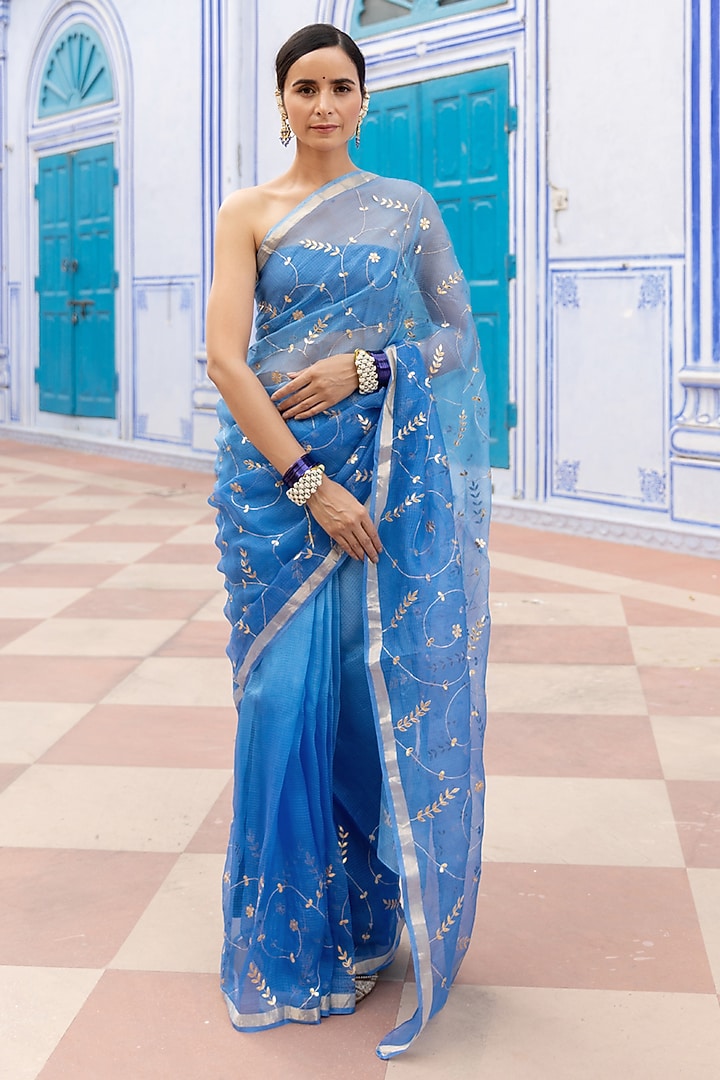 Blue Kota Silk Gota Patti Hand Embroidered Wedding Saree Set by Geroo Jaipur at Pernia's Pop Up Shop
