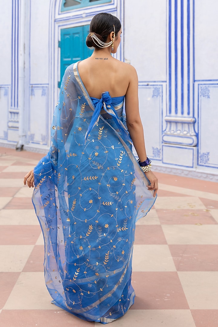 Blue Kota Silk Gota Patti Hand Embroidered Wedding Saree Set by Geroo Jaipur at Pernia's Pop Up Shop