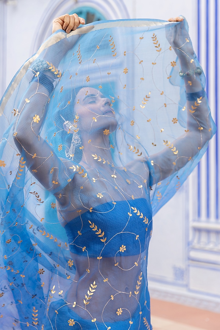 Blue Kota Silk Gota Patti Hand Embroidered Wedding Saree Set by Geroo Jaipur at Pernia's Pop Up Shop