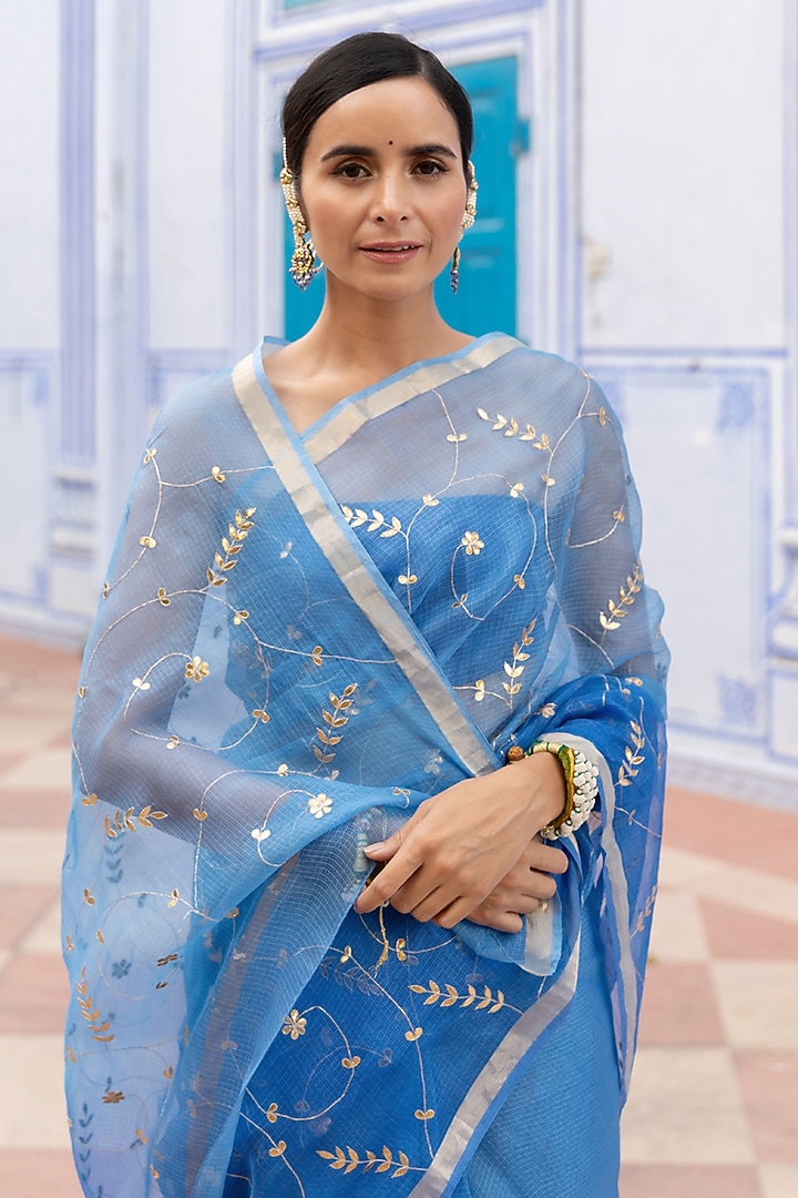 Blue Kota Silk Gota Patti Hand Embroidered Wedding Saree Set by Geroo Jaipur at Pernia's Pop Up Shop