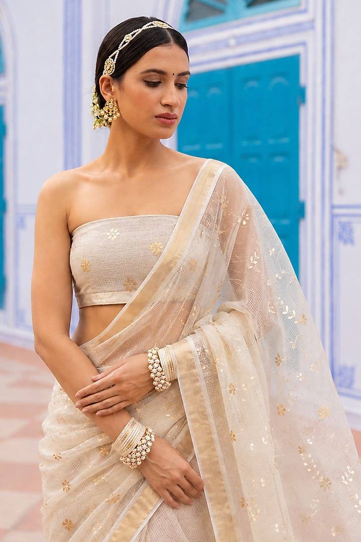 Off-White Kota Silk Gota Patti Hand Embroidered Wedding Saree Set by Geroo Jaipur at Pernia's Pop Up Shop