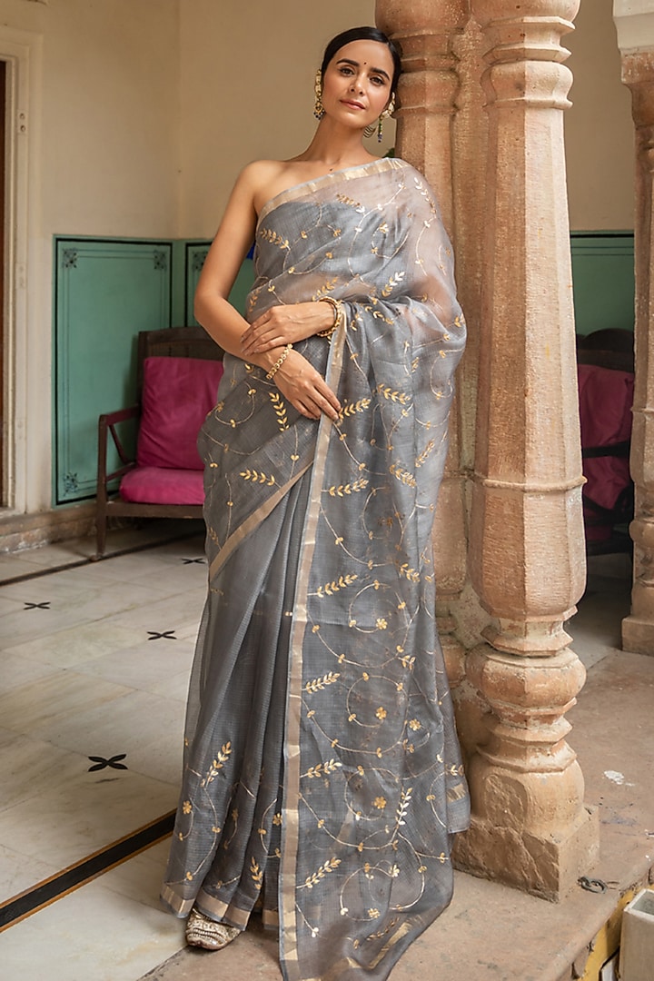 Grey Kota Silk Gota Patti Hand Embroidered Wedding Saree Set by Geroo Jaipur at Pernia's Pop Up Shop