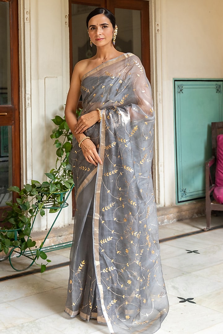 Grey Kota Silk Gota Patti Hand Embroidered Wedding Saree Set by Geroo Jaipur at Pernia's Pop Up Shop