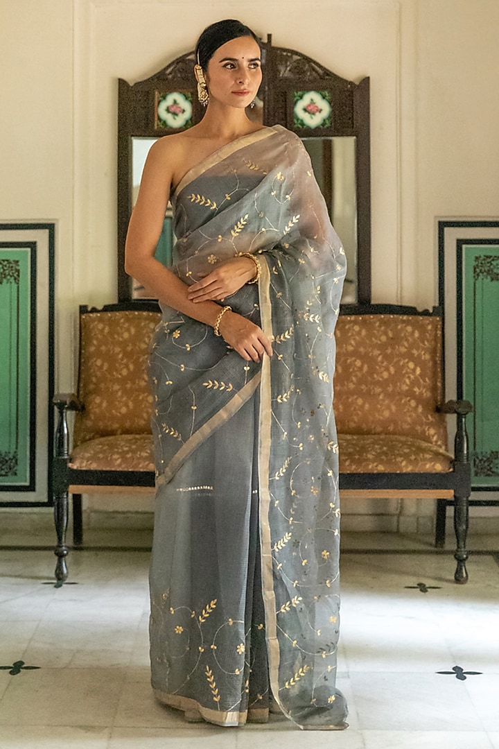Grey Kota Silk Gota Patti Hand Embroidered Wedding Saree Set by Geroo Jaipur at Pernia's Pop Up Shop