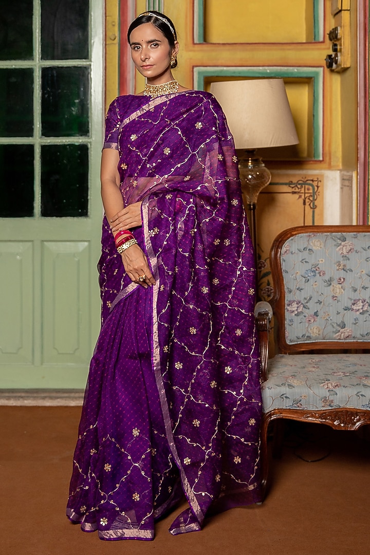 Purple Kota Silk Gota Patti Hand Embroidered Wedding Saree Set by Geroo Jaipur at Pernia's Pop Up Shop
