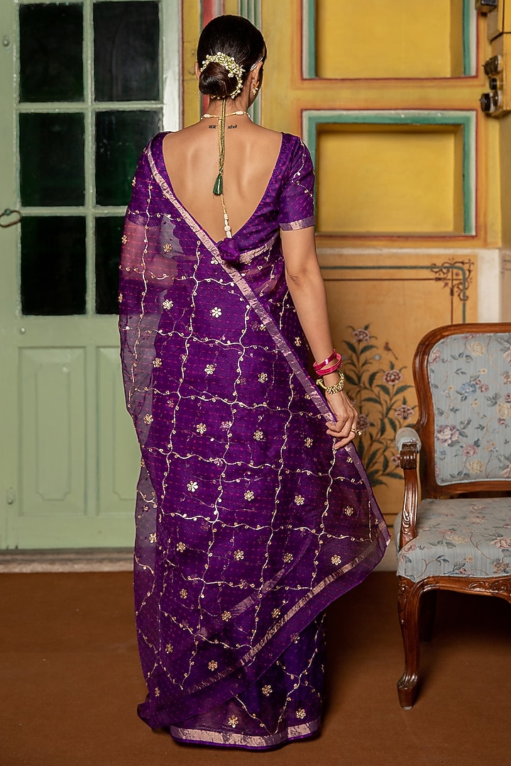 Purple Kota Silk Gota Patti Hand Embroidered Wedding Saree Set by Geroo Jaipur at Pernia's Pop Up Shop