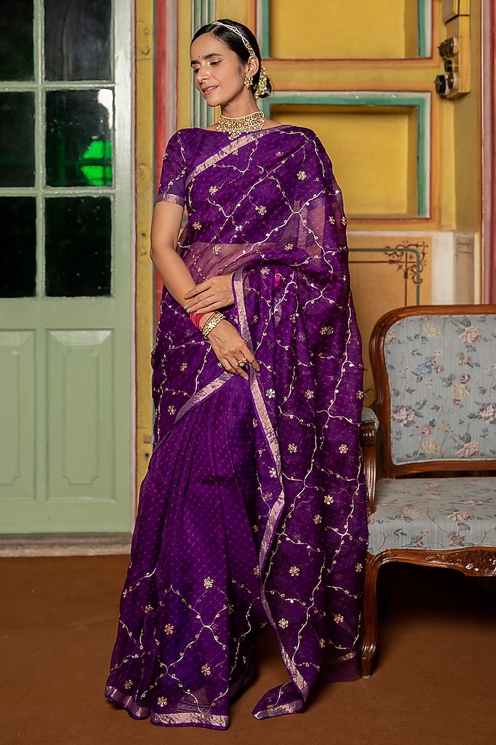 Purple Kota Silk Gota Patti Hand Embroidered Wedding Saree Set by Geroo Jaipur at Pernia's Pop Up Shop