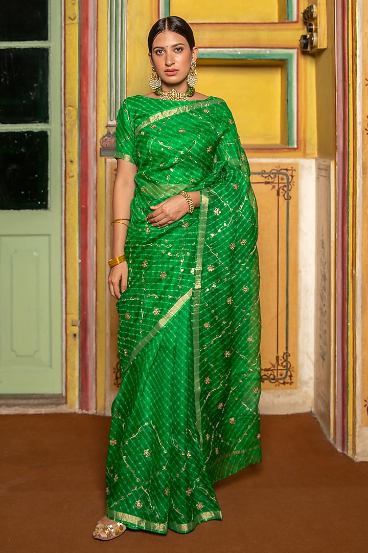 Green Kota Silk Gota Patti Hand Embroidered Wedding Saree Set by Geroo Jaipur at Pernia's Pop Up Shop