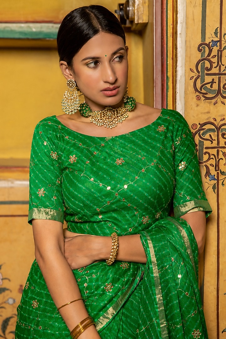 Green Kota Silk Gota Patti Hand Embroidered Wedding Saree Set by Geroo Jaipur at Pernia's Pop Up Shop