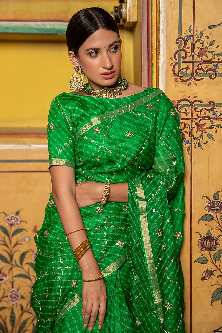 Green Kota Silk Gota Patti Hand Embroidered Wedding Saree Set by Geroo Jaipur at Pernia's Pop Up Shop