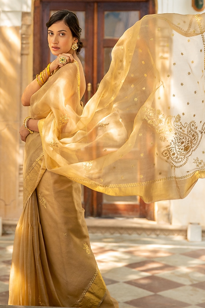 Beige Kota Silk Wedding Saree Set by Geroo Jaipur at Pernia's Pop Up Shop