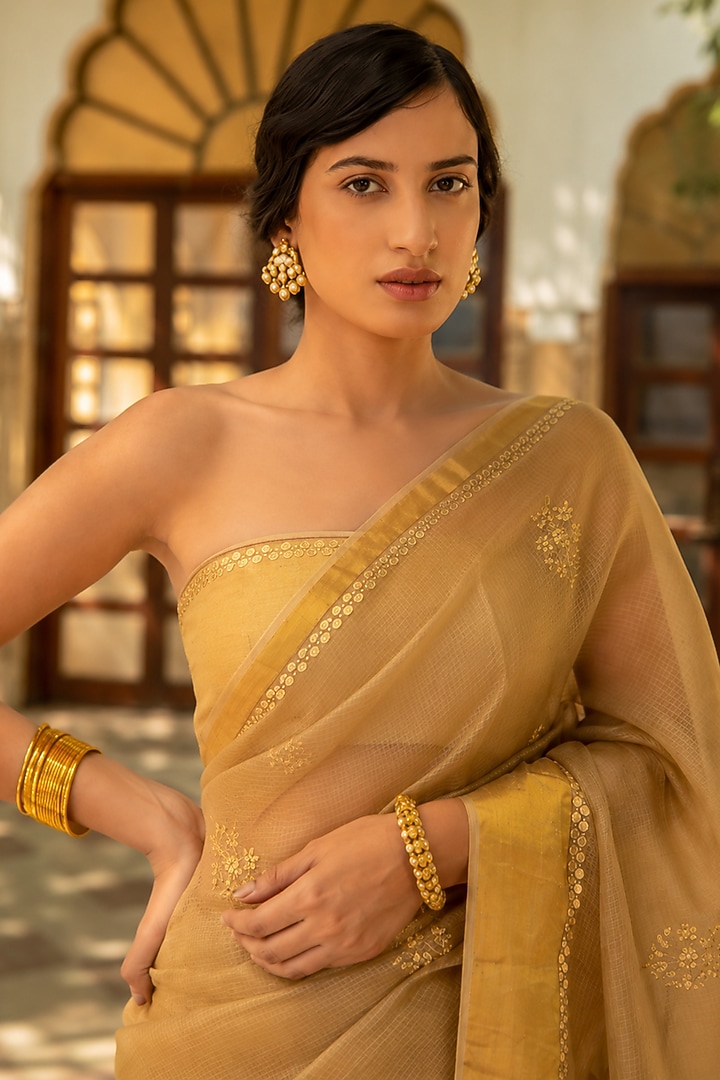Beige Kota Silk Wedding Saree Set by Geroo Jaipur at Pernia's Pop Up Shop
