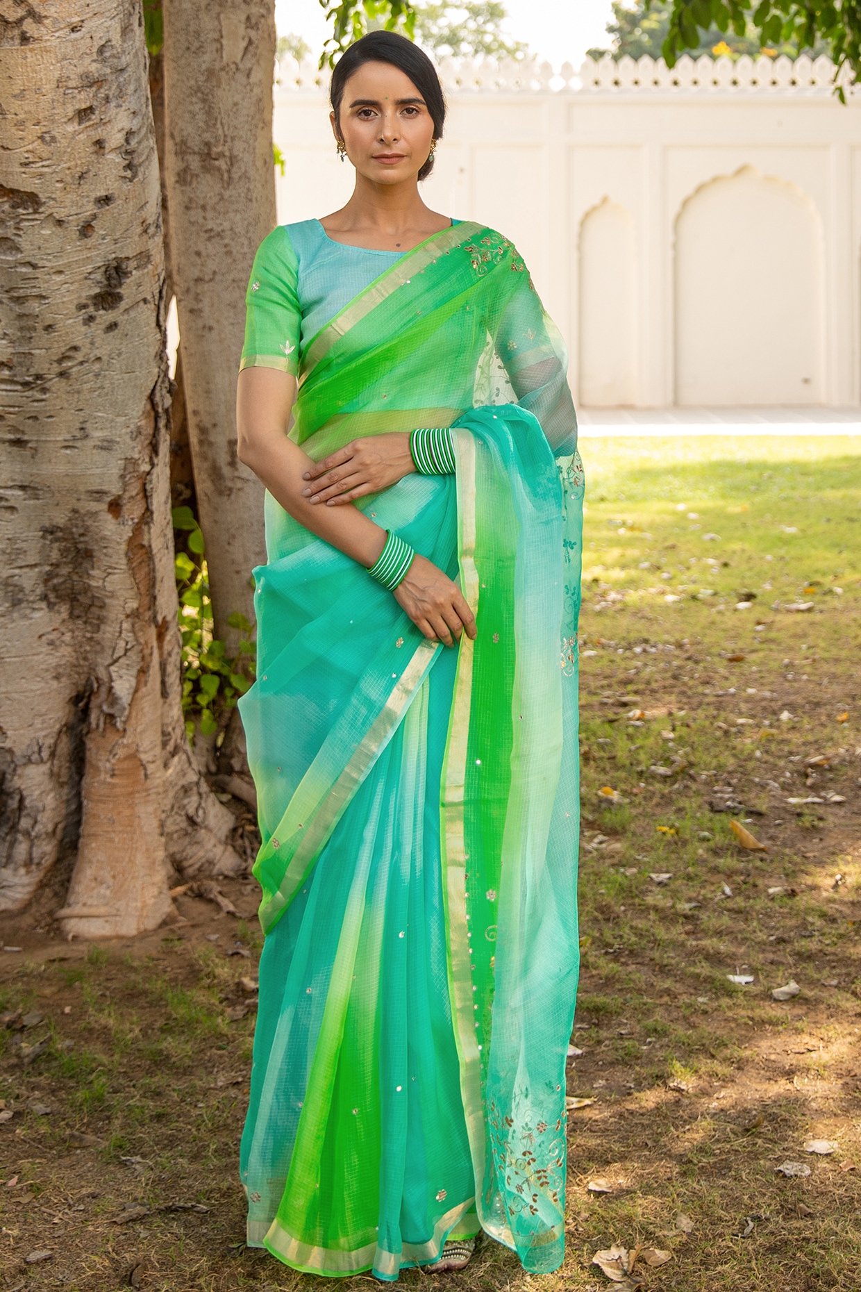 Geroo Jaipur Peacock Green Shaded Kota Silk Saree Set