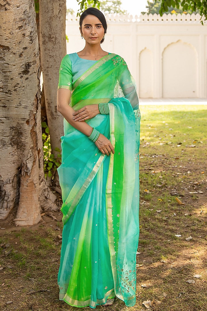 Peacock Green Shaded Kota Silk Wedding Saree Set by Geroo Jaipur at Pernia's Pop Up Shop