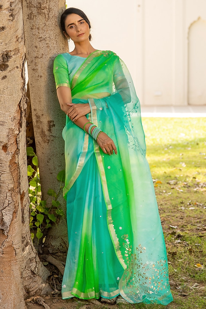 Peacock Green Shaded Kota Silk Wedding Saree Set by Geroo Jaipur at Pernia's Pop Up Shop