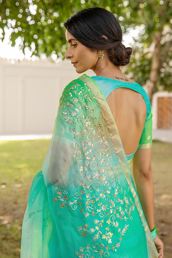 Peacock Green Shaded Kota Silk Wedding Saree Set by Geroo Jaipur at Pernia's Pop Up Shop