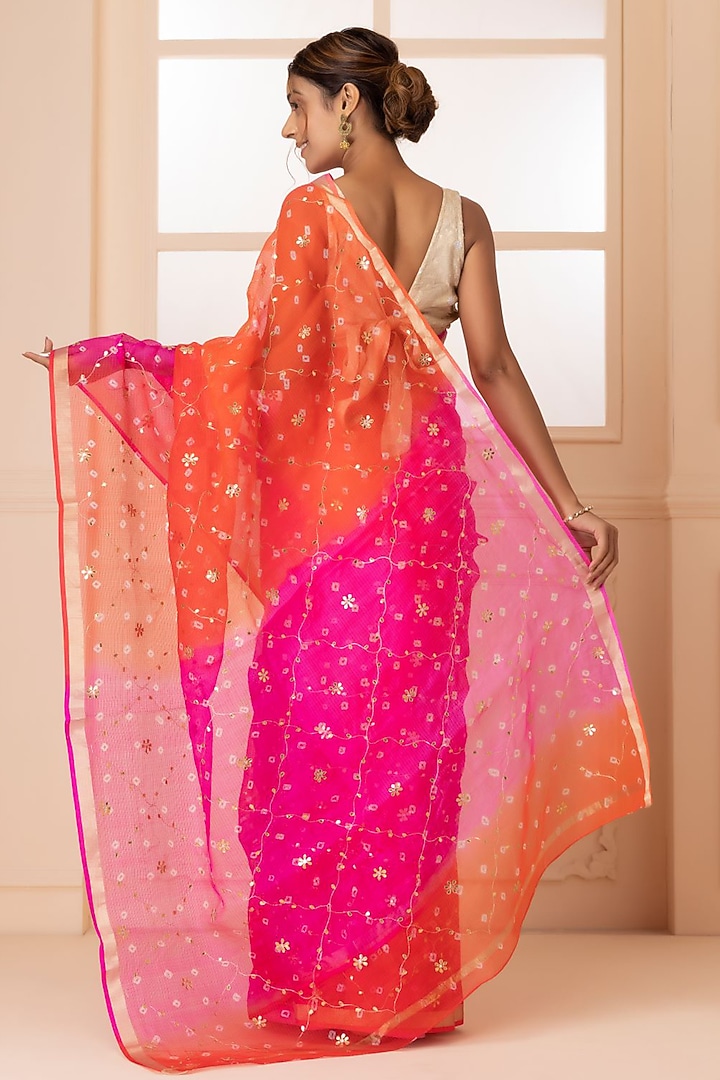Red & Pink Kota Silk Bandhani & Zari Embroidered Wedding Saree Set by Geroo Jaipur at Pernia's Pop Up Shop